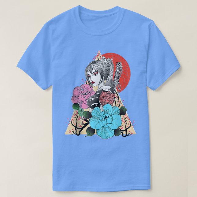 Camiseta Samurai Geisha japonesa y cerezo sakura vintage (Diseño del anverso)