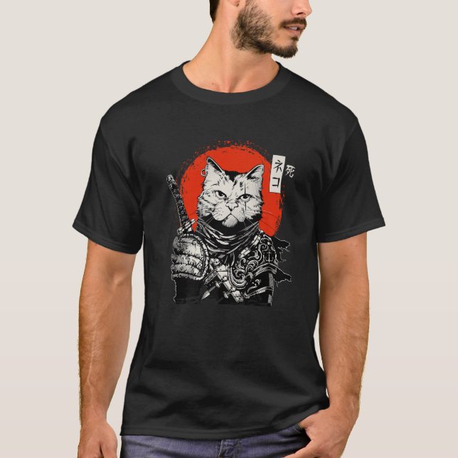 Camiseta Samurai Japanese Cat Bushido Warrior Katana Sword  (Anverso)