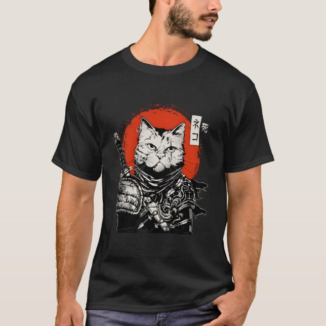 Camiseta Samurai Japanese Cat Bushido Warrior Katana Sword (Anverso)