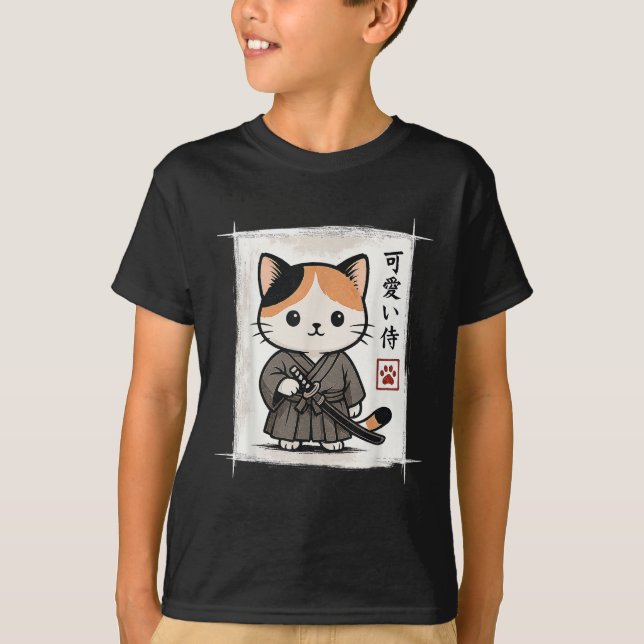 Camiseta Samurai Kitten Japonés Anime Kawaii Funny Cat Homb (Anverso)
