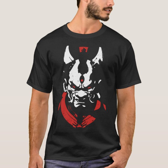 Camiseta Samurai Máscara Oni Anime Kanji Blanco Rojo Aka A  (Anverso)