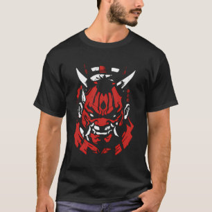 Camiseta Samurai Máscara Oni Anime Kanji Blanco Rojo Aka To
