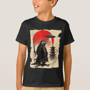 Camiseta Samurái Nutria Ovni Retro Arte Gráfico Japonés Gue