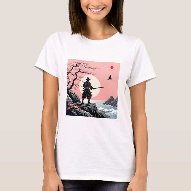 Camiseta Samurai Sunset Design - Ukiyo-e Cherry Blossom Art (Anverso)
