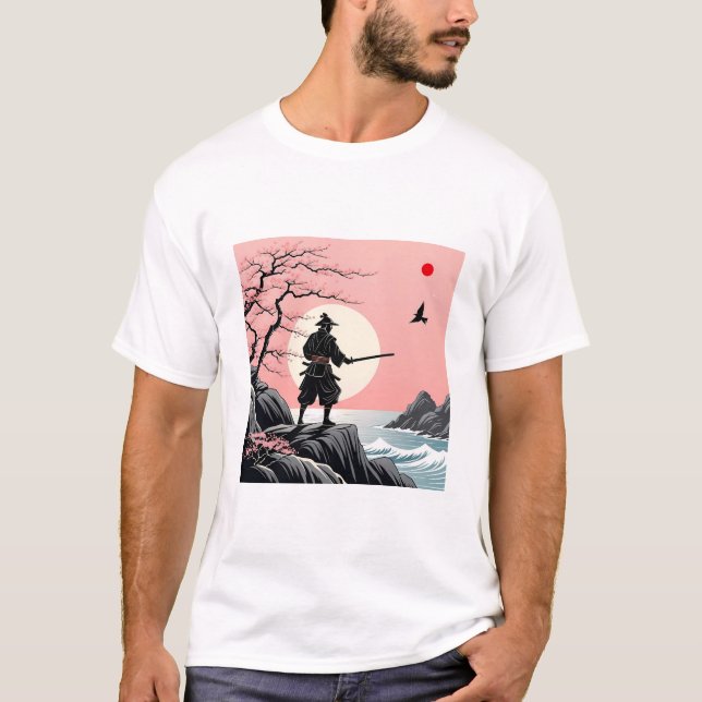 Camiseta Samurai Sunset Design - Ukiyo-e Cherry Blossom Art (Anverso)