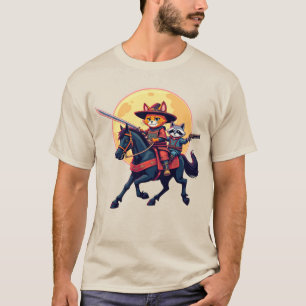 Camiseta Samurái vaquero gato y mapache montando caballo Ún