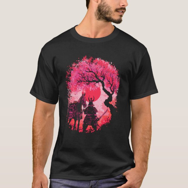 Camiseta Samurai Warrior Red Moon Cherry Blossom (Anverso)
