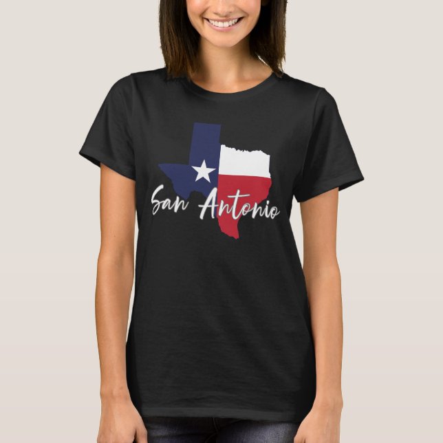 Camiseta San Antonio, Texas Flag Map Women's Black (Anverso)