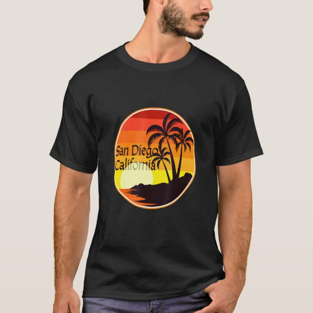 Camiseta San Diego, CA Sunset, Palm Trees, Playa, Turismo, (Anverso)