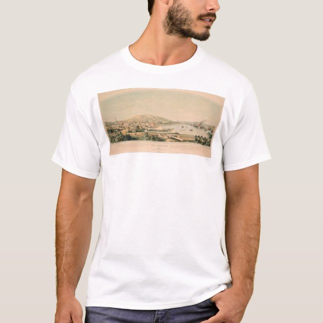 Camiseta San Francisco, mapa panorámico 1849 (1626A) del CA (Anverso)