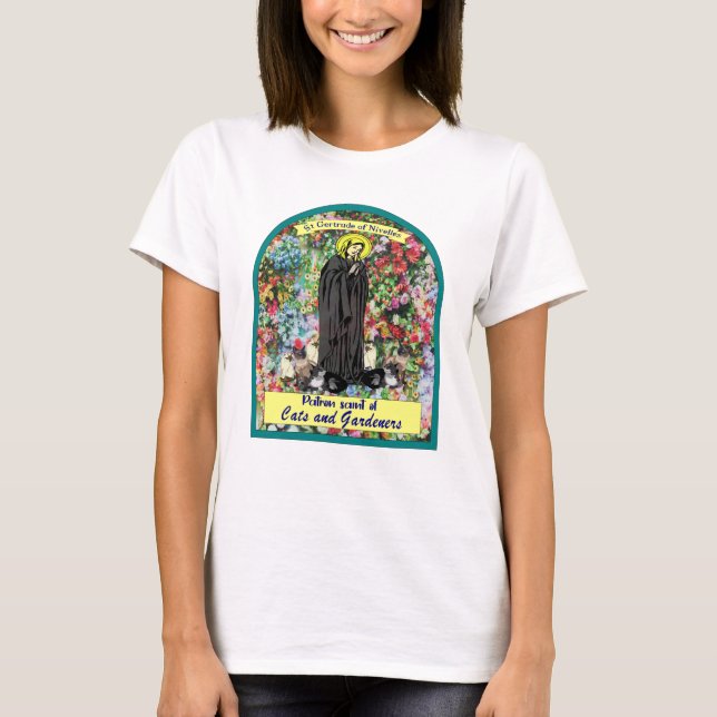 Camiseta San Gertrude de Nivelles patrón santo de gatos (Anverso)