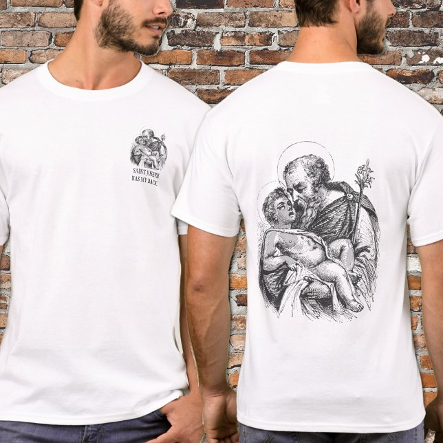 Camiseta San José religioso tiene mi espalda Jesús (Black and White drawing of St. Joseph and the Child Jesus )