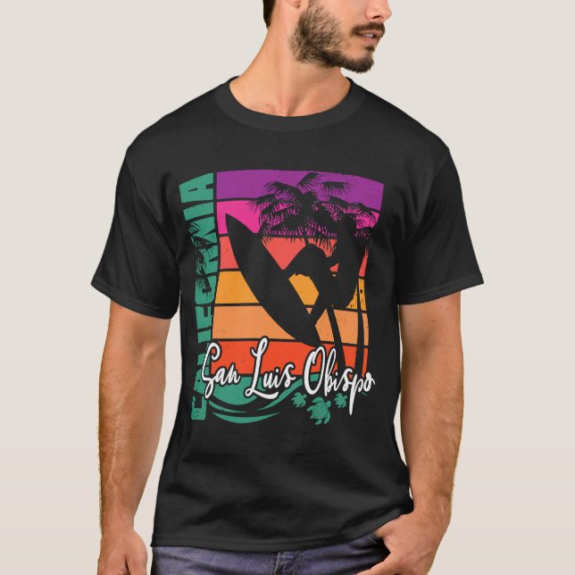 Camiseta San Luis Obispo California Retro Sunset Beach Surf (Anverso)