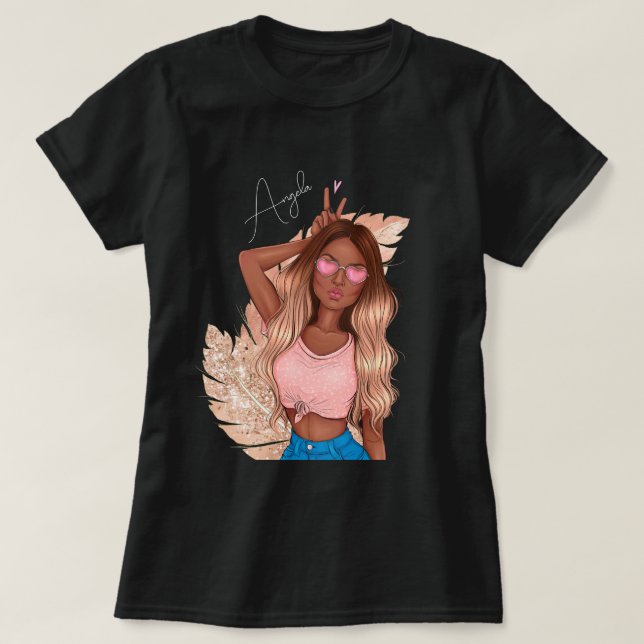 Camiseta San Valentín Brillo Falso Chica Morena Rosa (Diseño del anverso)
