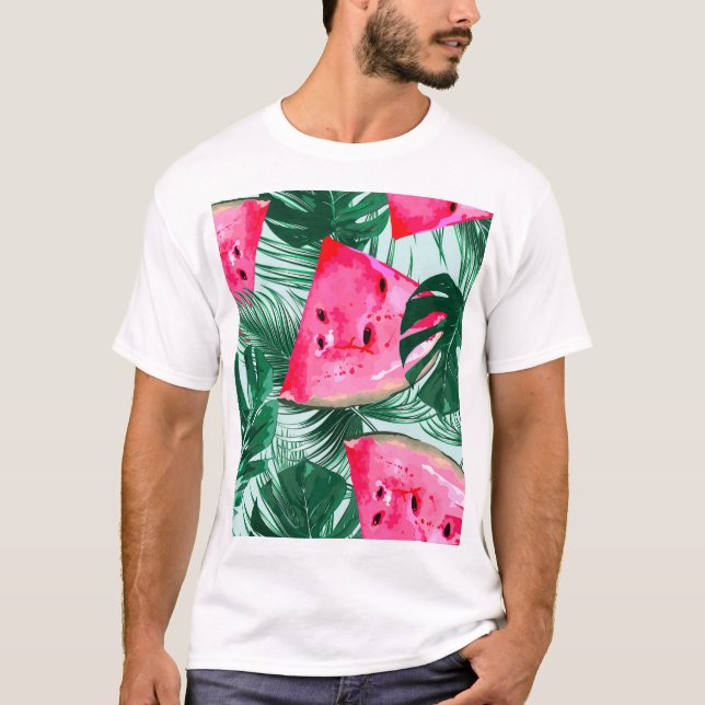 Camiseta sandías, hojas de palma: tropicales sin costura (Anverso)
