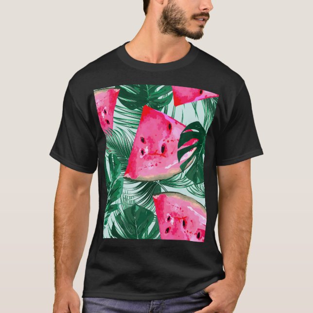 Camiseta sandías, hojas de palma: tropicales sin costura (Anverso)