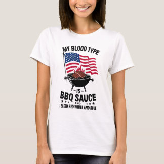 Camiseta Sangre Tipo BBQ Sauce Rojo Azul Blanco 4 de Julio