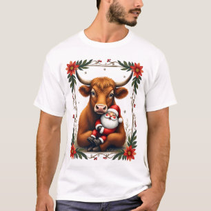 Camiseta Santa abraza a vaca Highland Vintage Navidad rústi