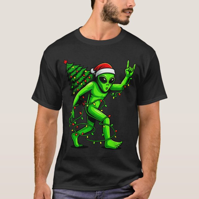 Camiseta Santa Alien Christmas Tree Xmas Lights Funny Ufo  (Anverso)
