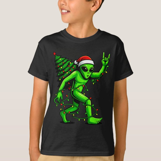 Camiseta Santa Alien Christmas Tree Xmas Lights Funny Ufo  (Anverso)