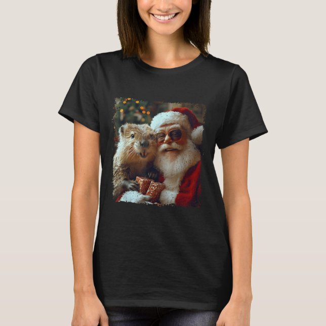 Camiseta Santa And Beaver Selfie Funny Christmas Design  (Anverso)