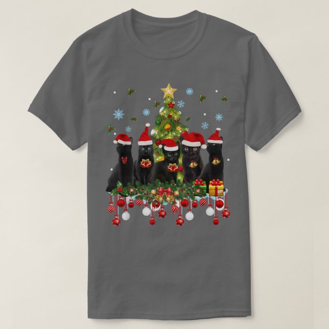 Camiseta Santa Black Cats Christmas Tree Lights Funny Cat L (Diseño del anverso)