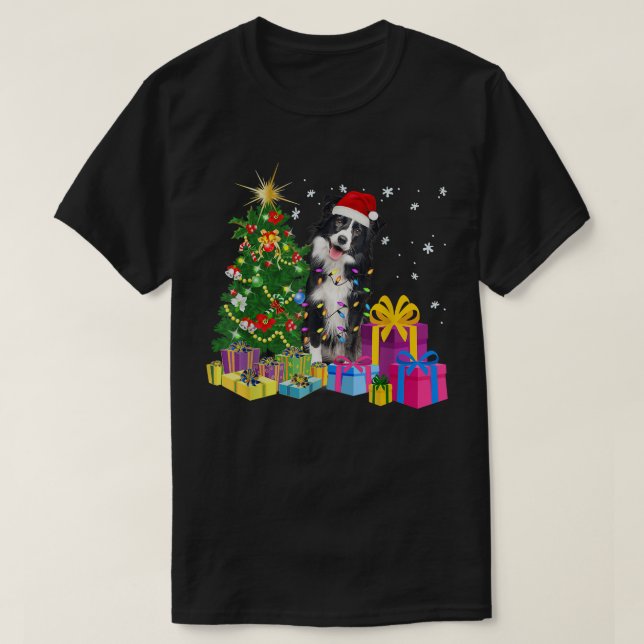 Camiseta Santa Border Collie Dog Christmas Tree Light Funny (Diseño del anverso)