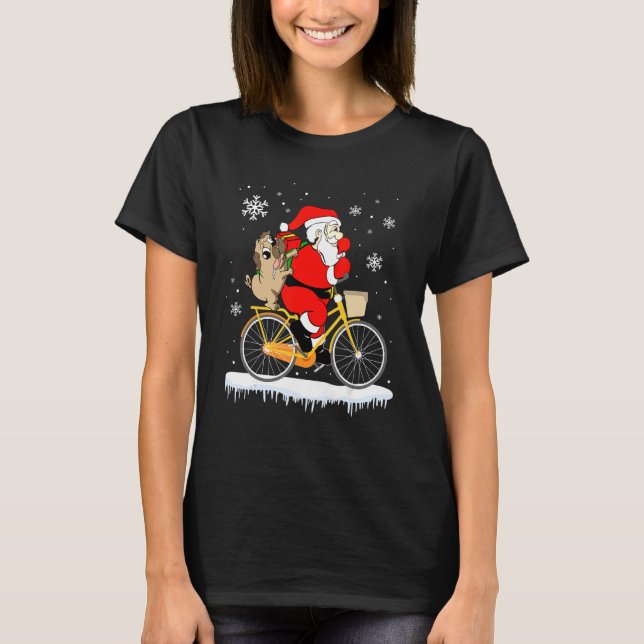 Camiseta Santa Carrying Pug Dog On Bicycle Christmas Cyclis (Anverso)