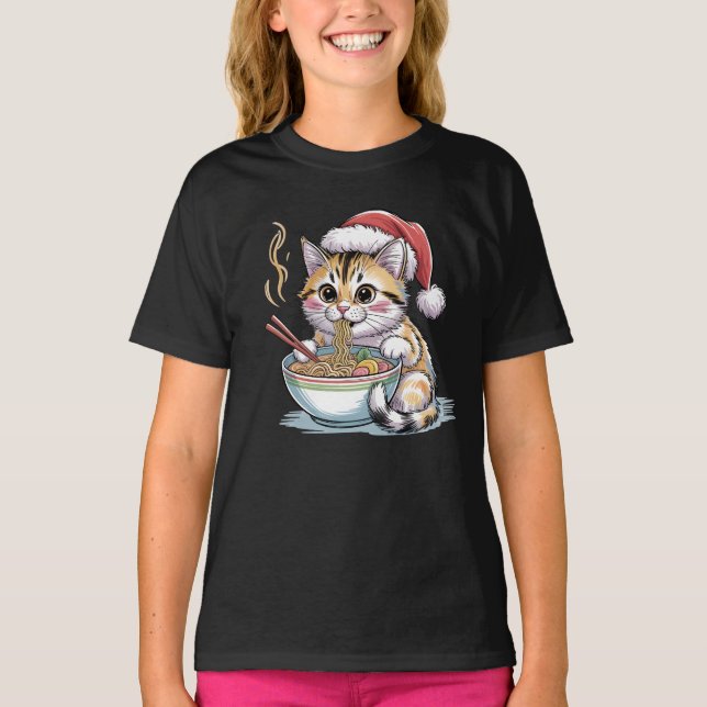 Camiseta Santa Cat Eating Ramen Cute Christmas Kitty (Anverso)