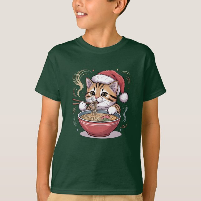 Camiseta Santa Cat Eating Ramen Cute Christmas Kitty (Anverso)