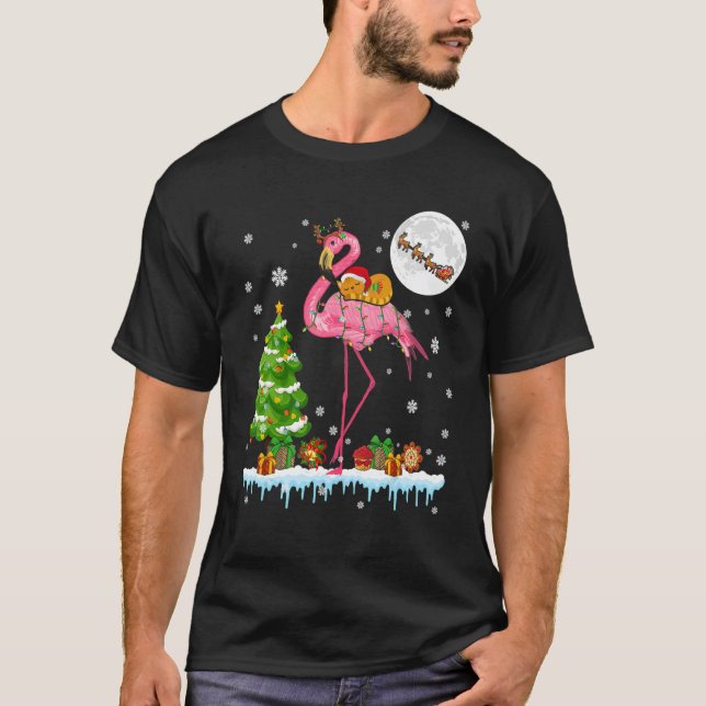 Camiseta Santa Cat Ridding Reindee Flamingo Árbol de Navida (Anverso)