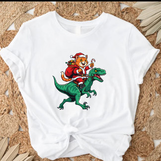 Camiseta Santa Cat Riding Dinosaur