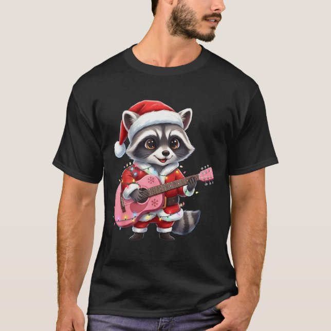 Camiseta Santa Christmas Raccoon Playing Nk Guitar  (Anverso)