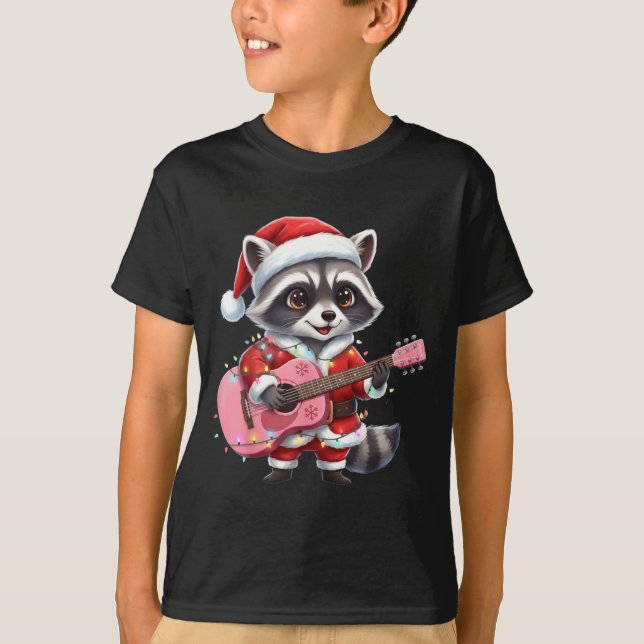 Camiseta Santa Christmas Raccoon Playing Nk Guitar  (Anverso)