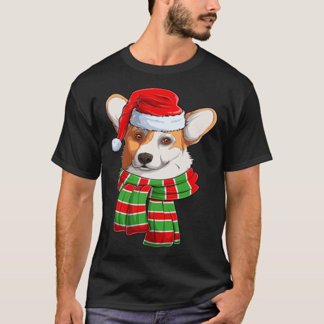 Camiseta Santa Christmas Tree Lights Xmas Scarf Corgi (Anverso)
