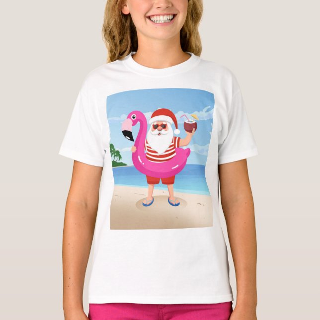 Camiseta Santa Claus con anillo inflable de flamingo (Anverso)