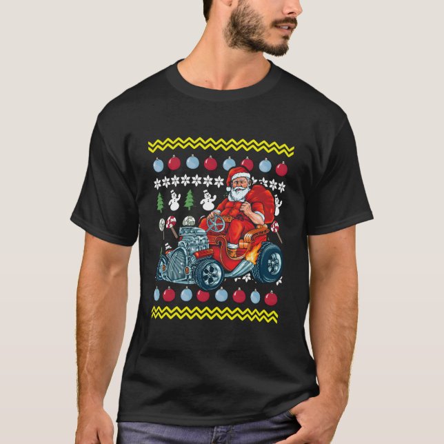 Camiseta Santa Claus Driving Hot Rod Ugly Car (Anverso)
