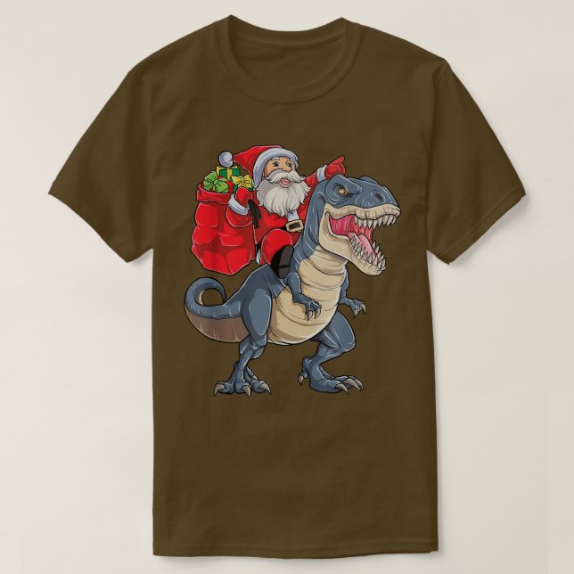 Camiseta Santa Claus montando dinosaurio Feliz Navidad (Diseño del anverso)