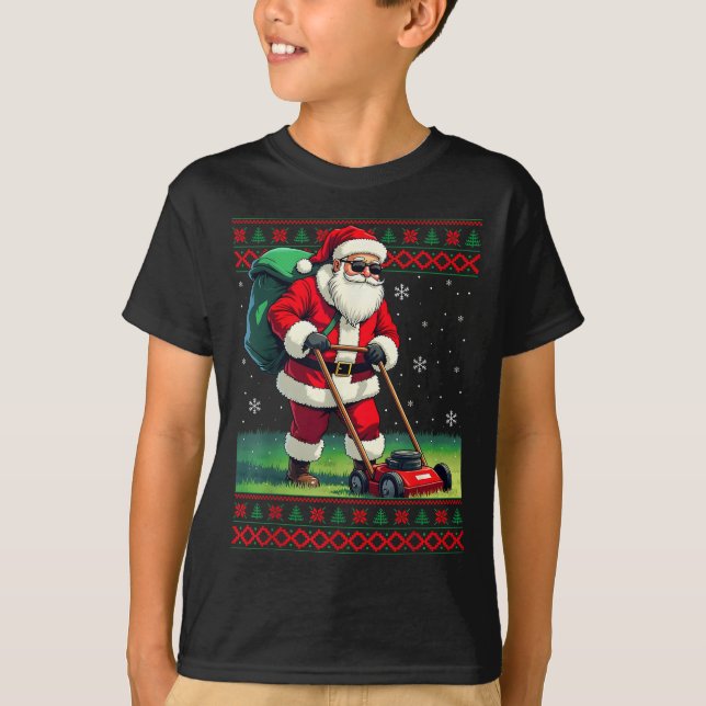 Camiseta Santa Claus Mowing Lawn Ugly Christmas Holiday Boy (Anverso)