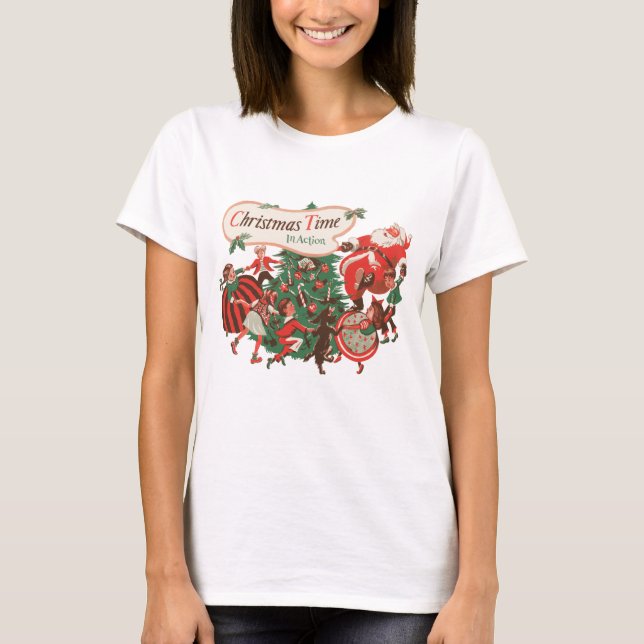 Camiseta Santa Claus navideño vintage y niños bailando (Anverso)