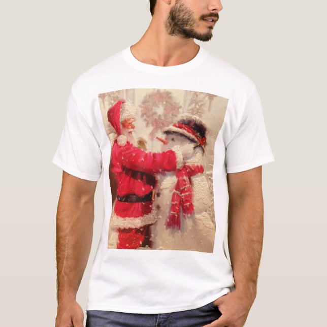 Camiseta Santa Claus y el muñeco de nieve en la nevada (Anverso)