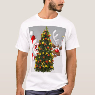 Camiseta Santa claus y reno detrás de un árbol de navidad.j