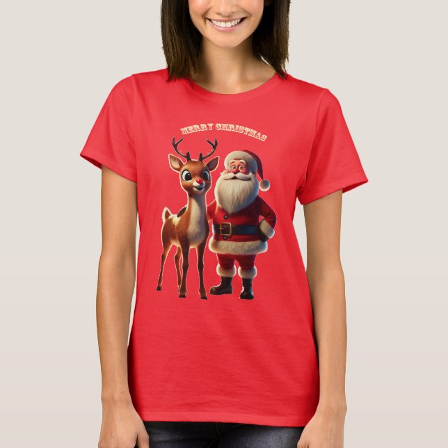 Camiseta Santa Claus y Rudolph, la URM de renos de nariz ro (Anverso)