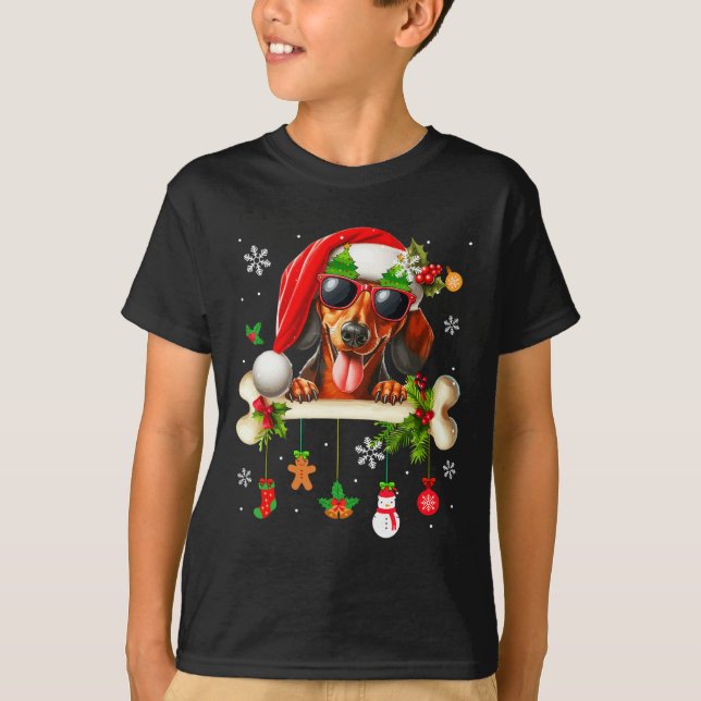 Camiseta Santa Dachshund Sungles Cute Bone Xmas Dueños Hijo (Anverso)