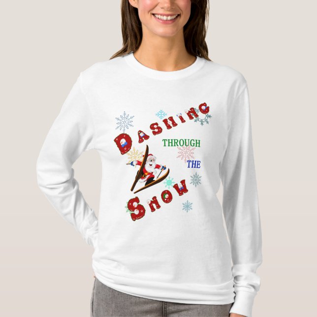Camiseta Santa Dashing pasa por la nieve en los esquís (Anverso)