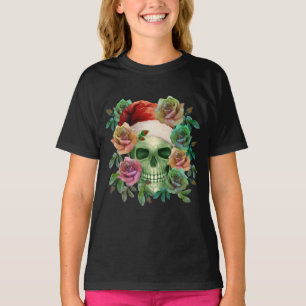 CAMISETA SANTA DIVERTIDO CALAVERA VERDE Y FLORAL DE NAVIDAD