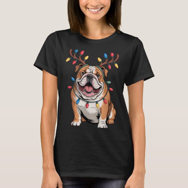 Camiseta Santa English Bulldog Reindeer Light Christmas  (Anverso)