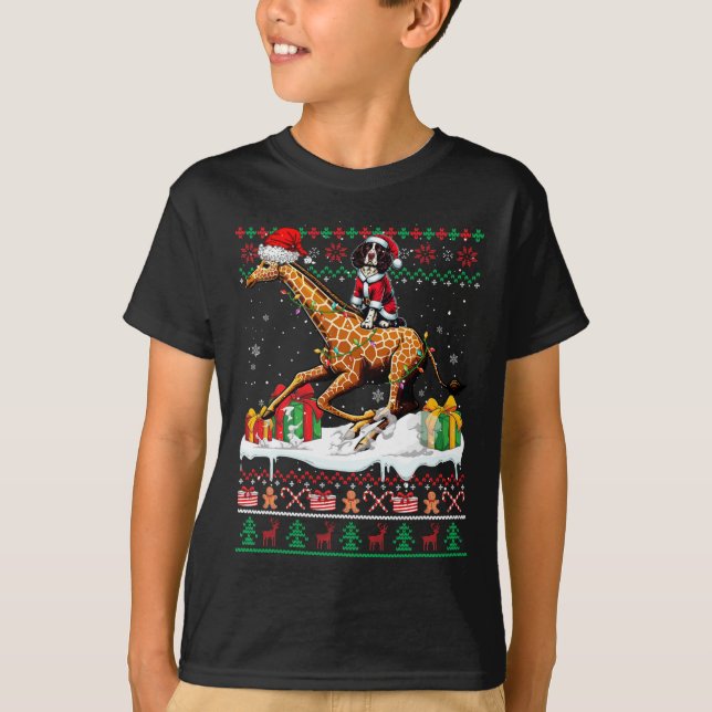 Camiseta Santa English Springer Spaniel Riding Giraffe Xmas (Anverso)