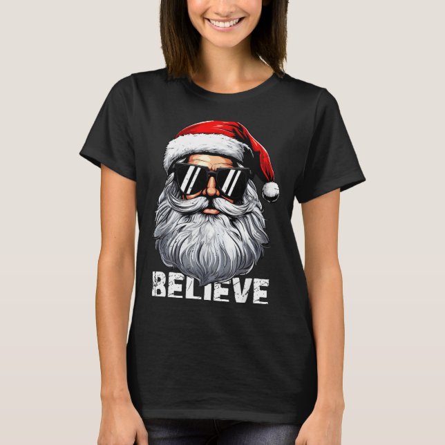 Camiseta Santa Face Sungles Believe Christmas Shirts For Bo (Anverso)