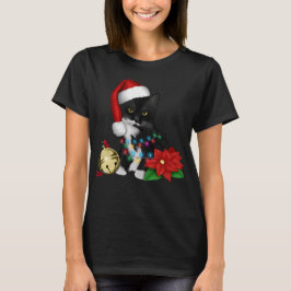 Camiseta Santa Gato Negro Enfrentado En Luces Navidades